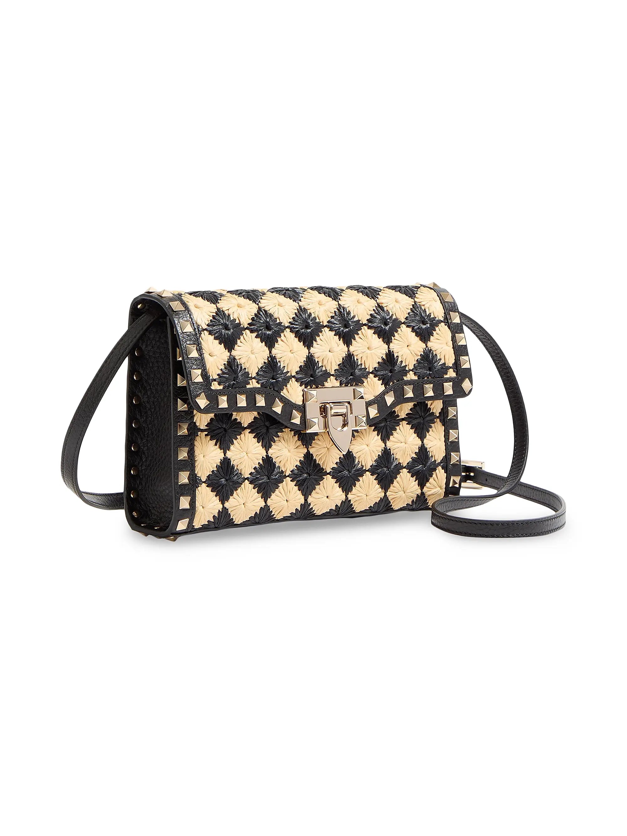 Valentino Garavani Rockstud Small Shoulder Bag in Embroidered Synthetic Raffia