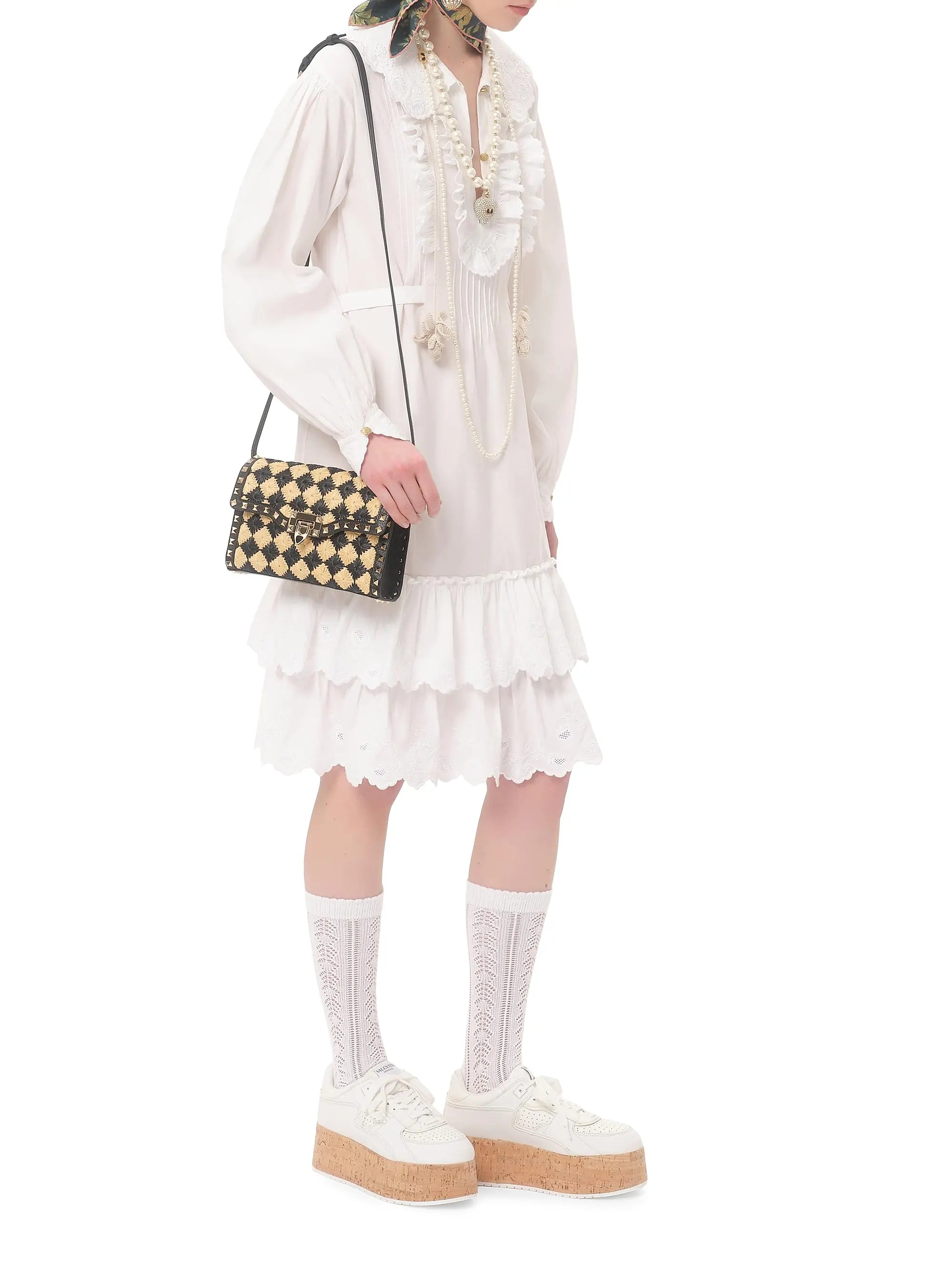 Valentino Garavani Rockstud Small Shoulder Bag in Embroidered Synthetic Raffia