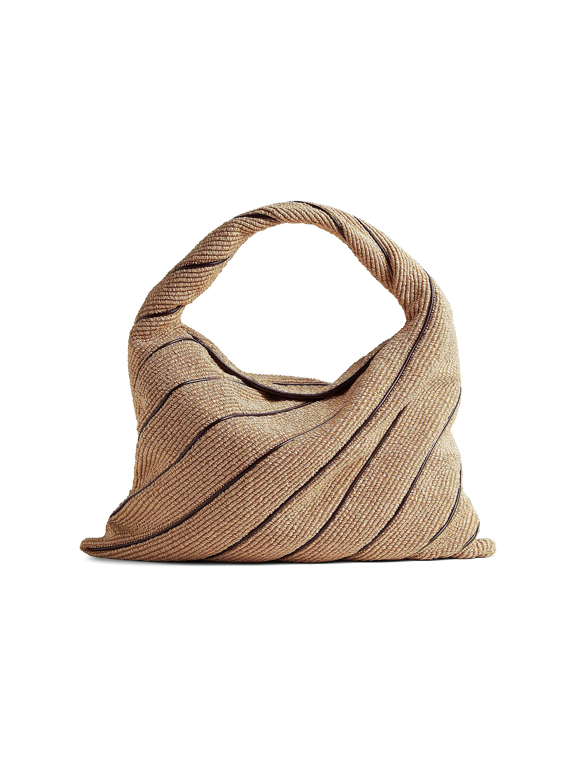 Bottega Veneta Large Hop Leather-Striped Raffia Shoulder Bag