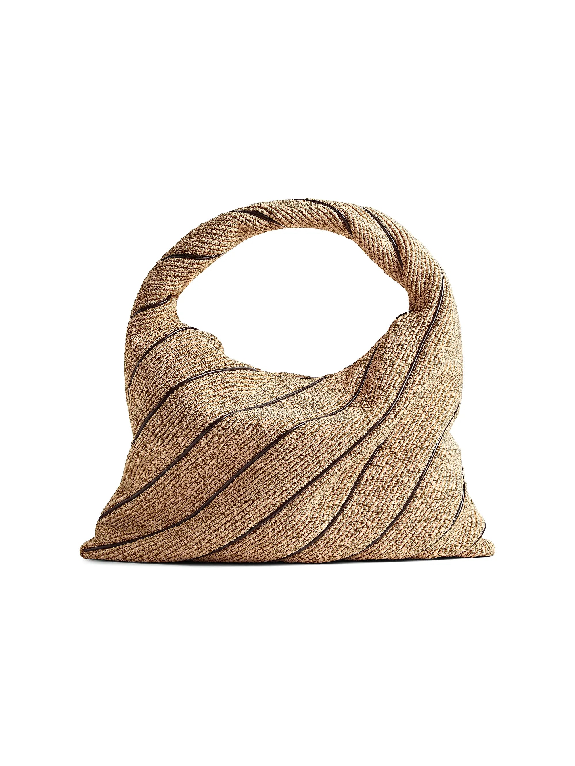 Bottega Veneta Large Hop Leather-Striped Raffia Shoulder Bag