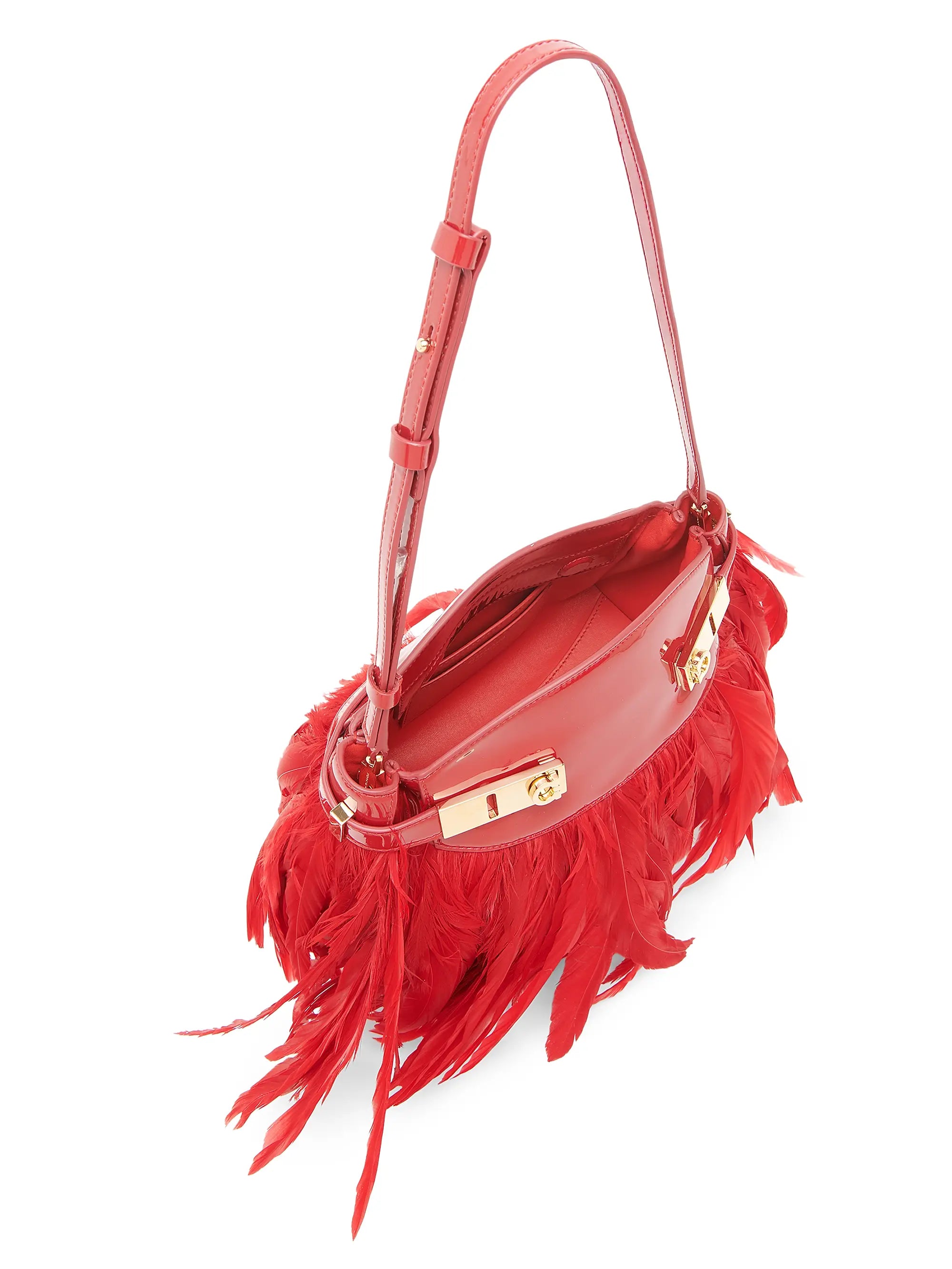FERRAGAMO Gancini Feather-Trimmed Leather Shoulder Bag