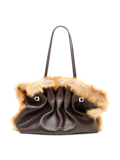 FERRAGAMO Medium Soft Leather & Shearling Tote Bag