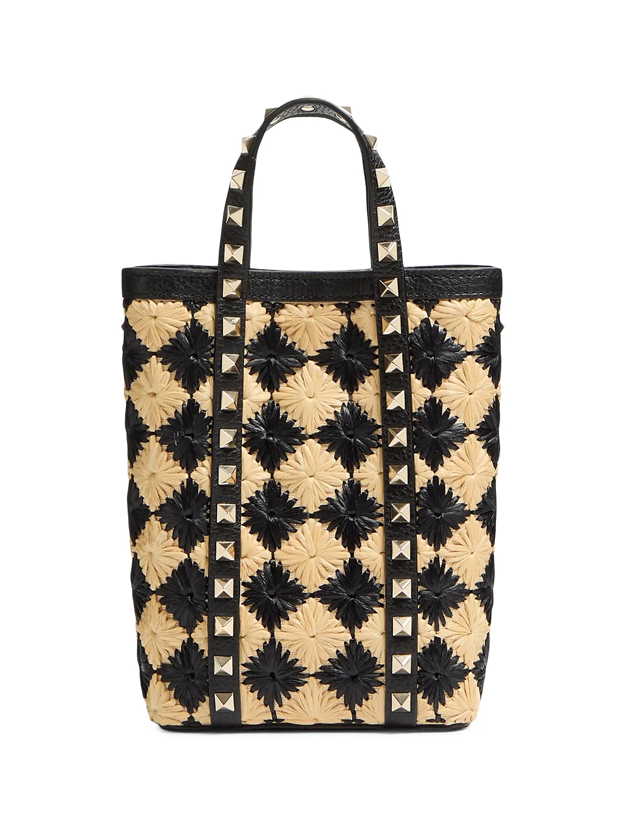 Valentino Garavani Mini Tote With Synthetic Raffia Embroidered Rockstud Chain