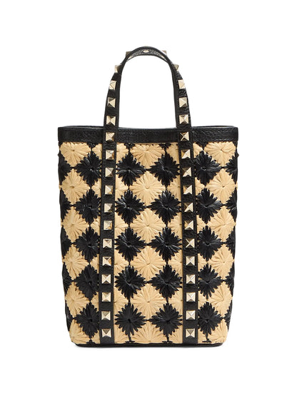 Valentino Garavani Mini Tote With Synthetic Raffia Embroidered Rockstud Chain