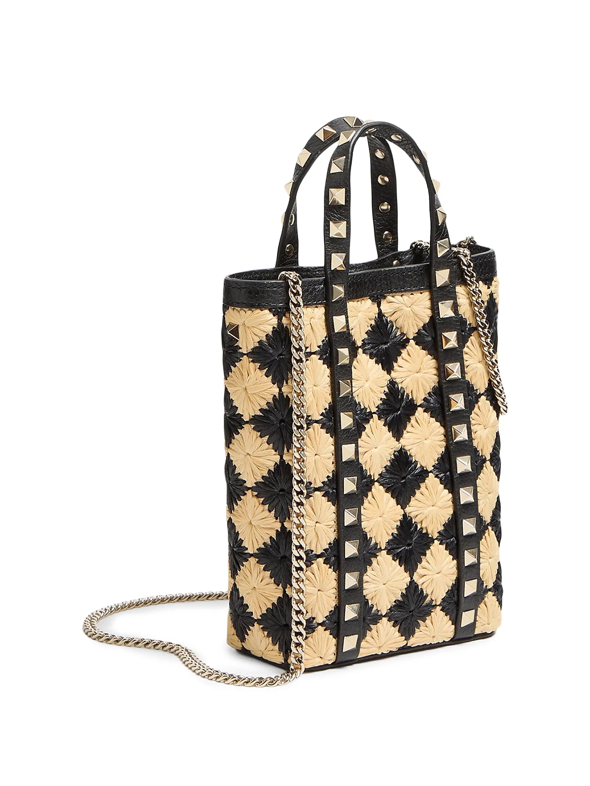 Valentino Garavani Mini Tote With Synthetic Raffia Embroidered Rockstud Chain
