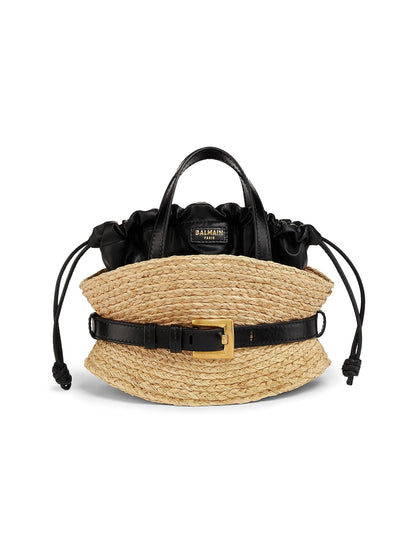 Balmain Mini Shuffle Raffia & Leather Top Handle Bag