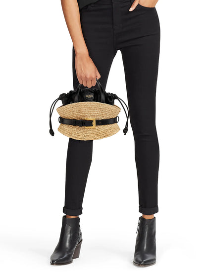 Balmain Mini Shuffle Raffia & Leather Top Handle Bag