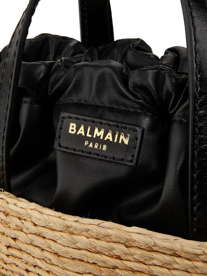 Balmain Mini Shuffle Raffia & Leather Top Handle Bag