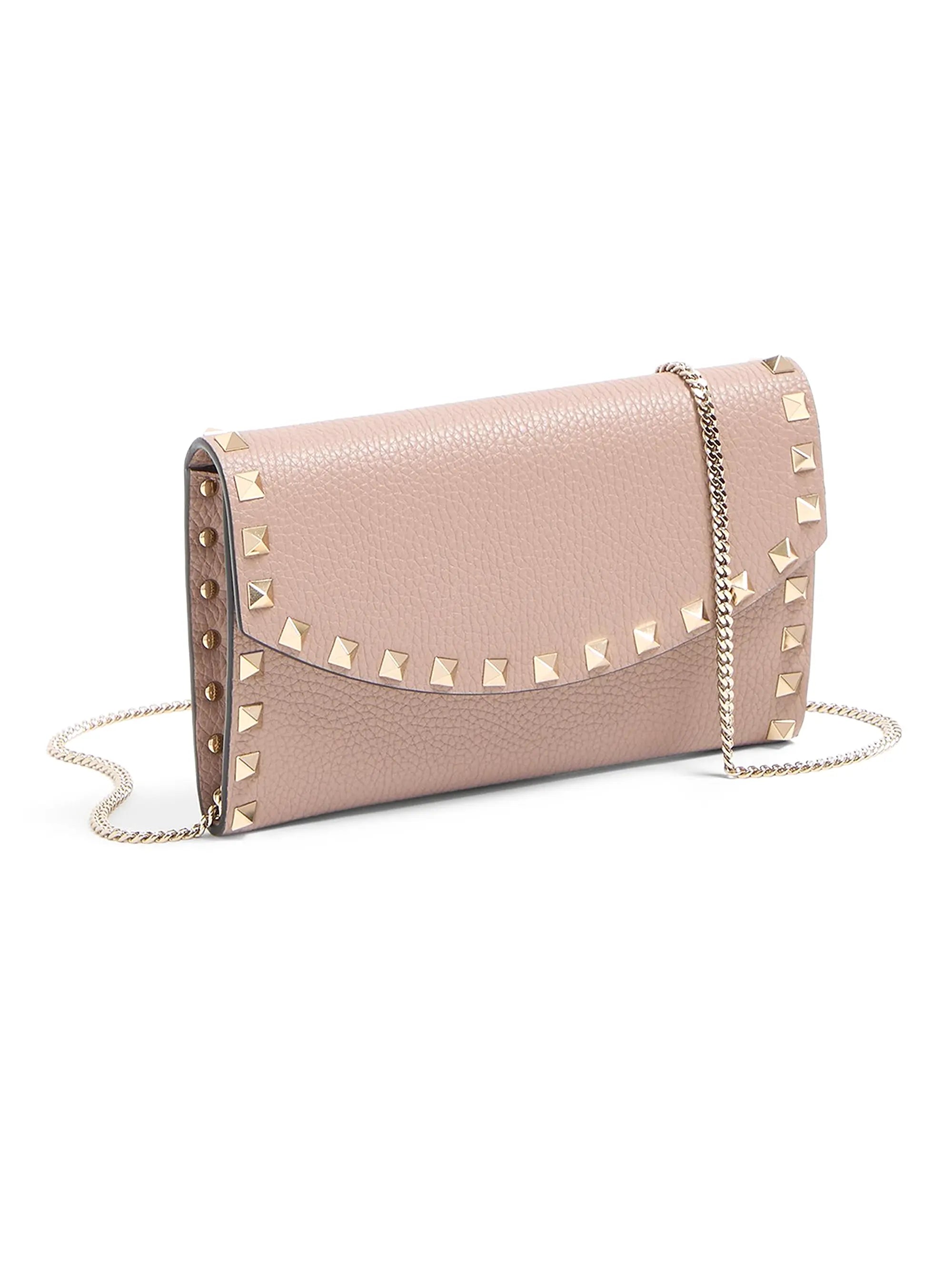 Valentino Garavani Rockstud Wallet with Chain in Grainy Calfskin