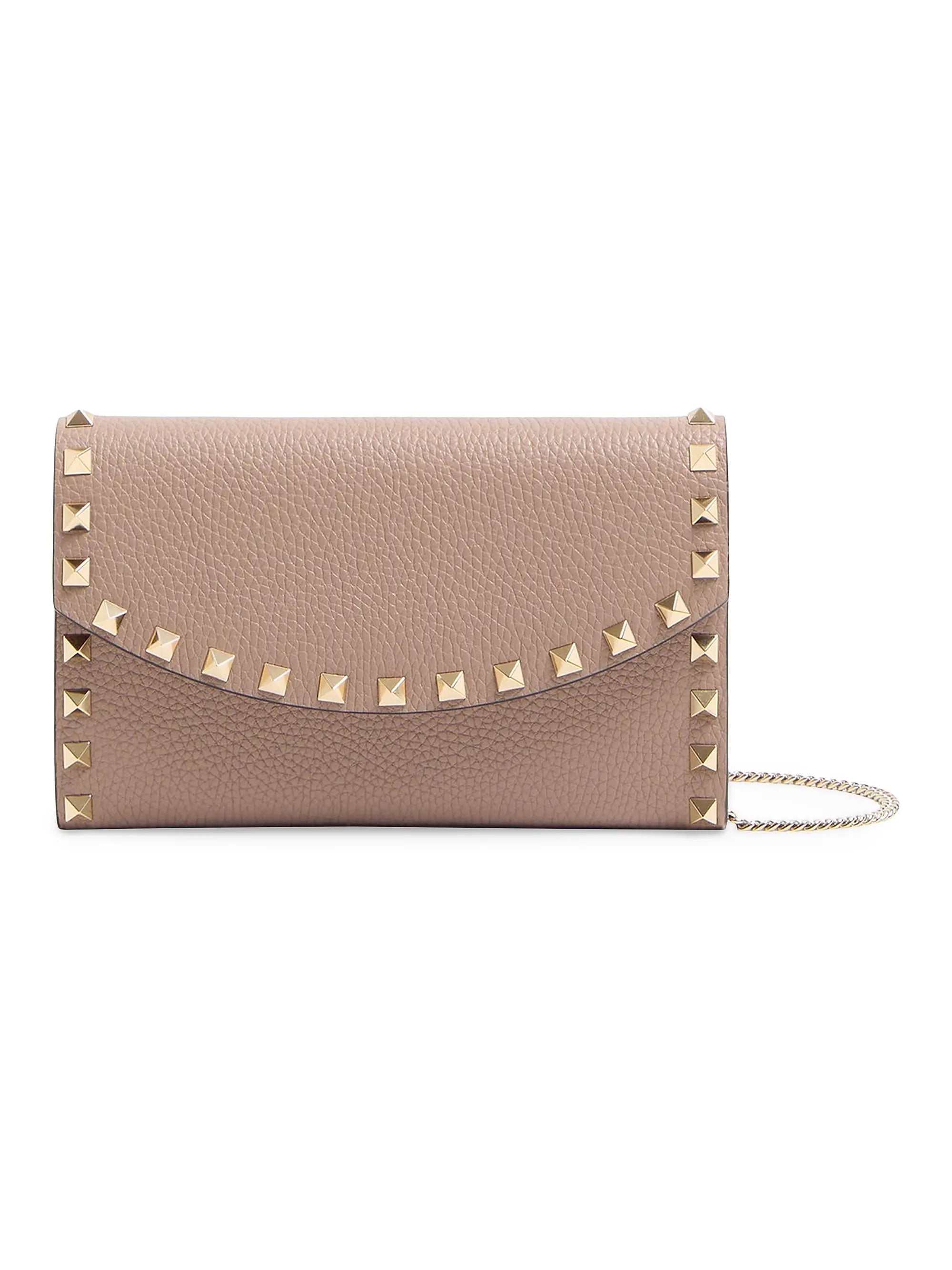 Valentino Garavani Rockstud Wallet with Chain in Grainy Calfskin
