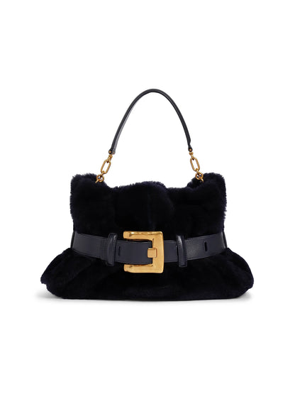 Balmain Medium Anthem Buckled Shearling Tote Bag