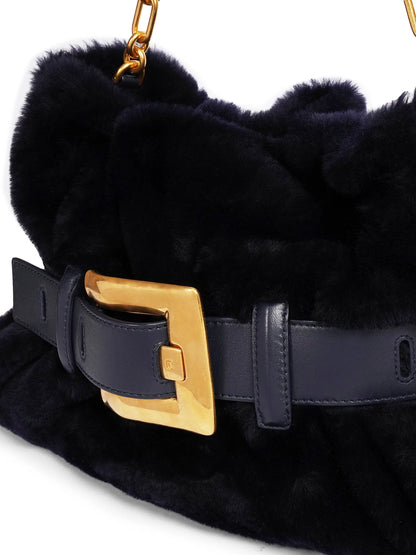 Balmain Medium Anthem Buckled Shearling Tote Bag