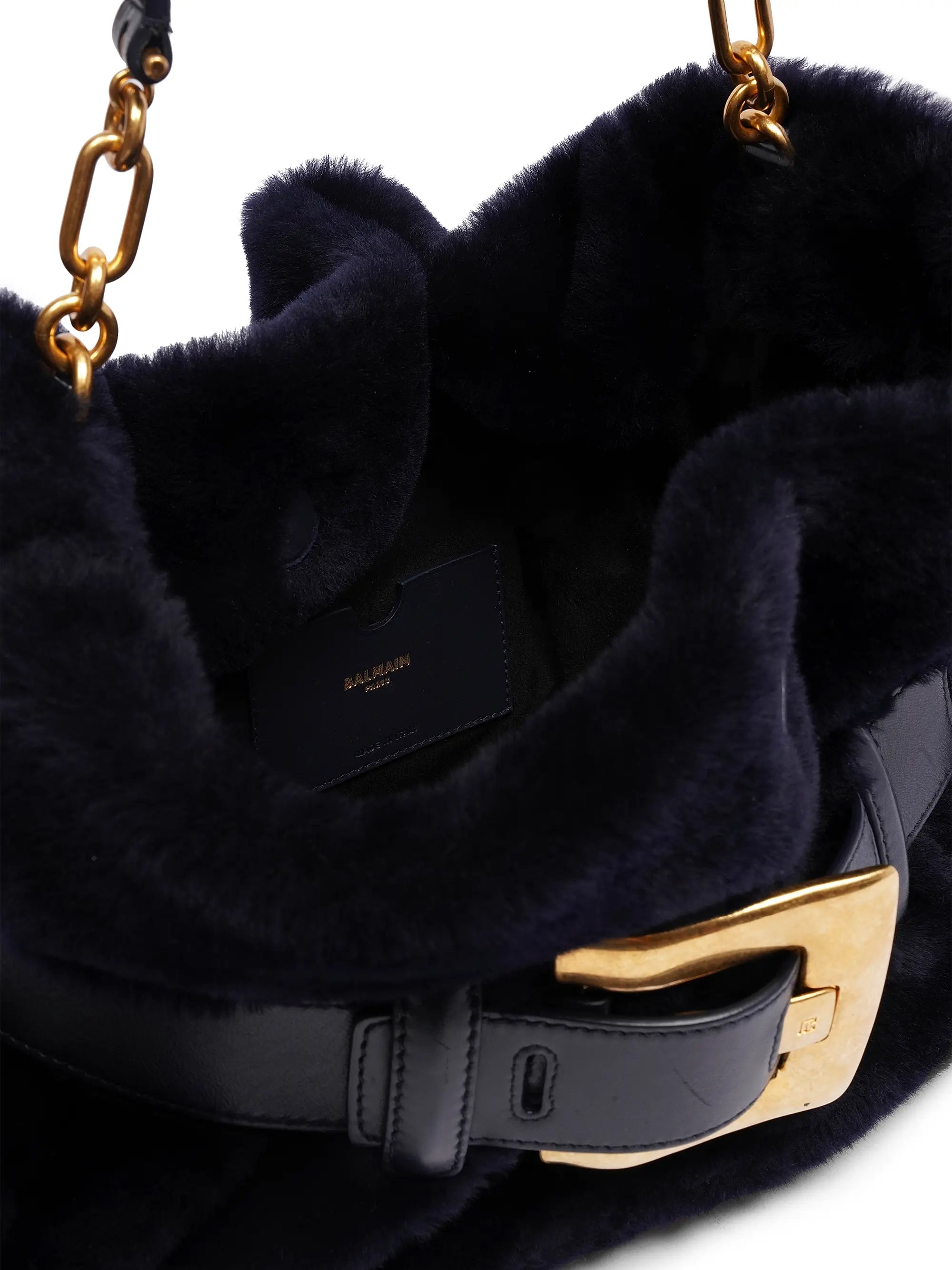 Balmain Medium Anthem Buckled Shearling Tote Bag