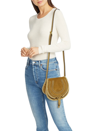 Chloé Small Marcie Shearling-Trimmed Suede Saddle Bag