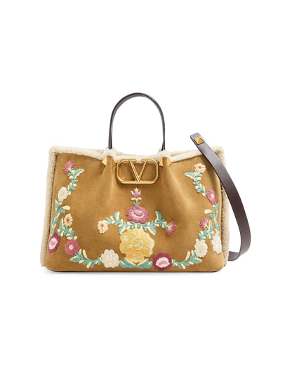 Valentino Garavani Medium Shopping Bag in Embroidered Suede with Sheepskin Lining