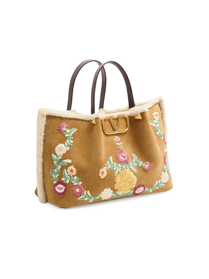 Valentino Garavani Medium Shopping Bag in Embroidered Suede with Sheepskin Lining
