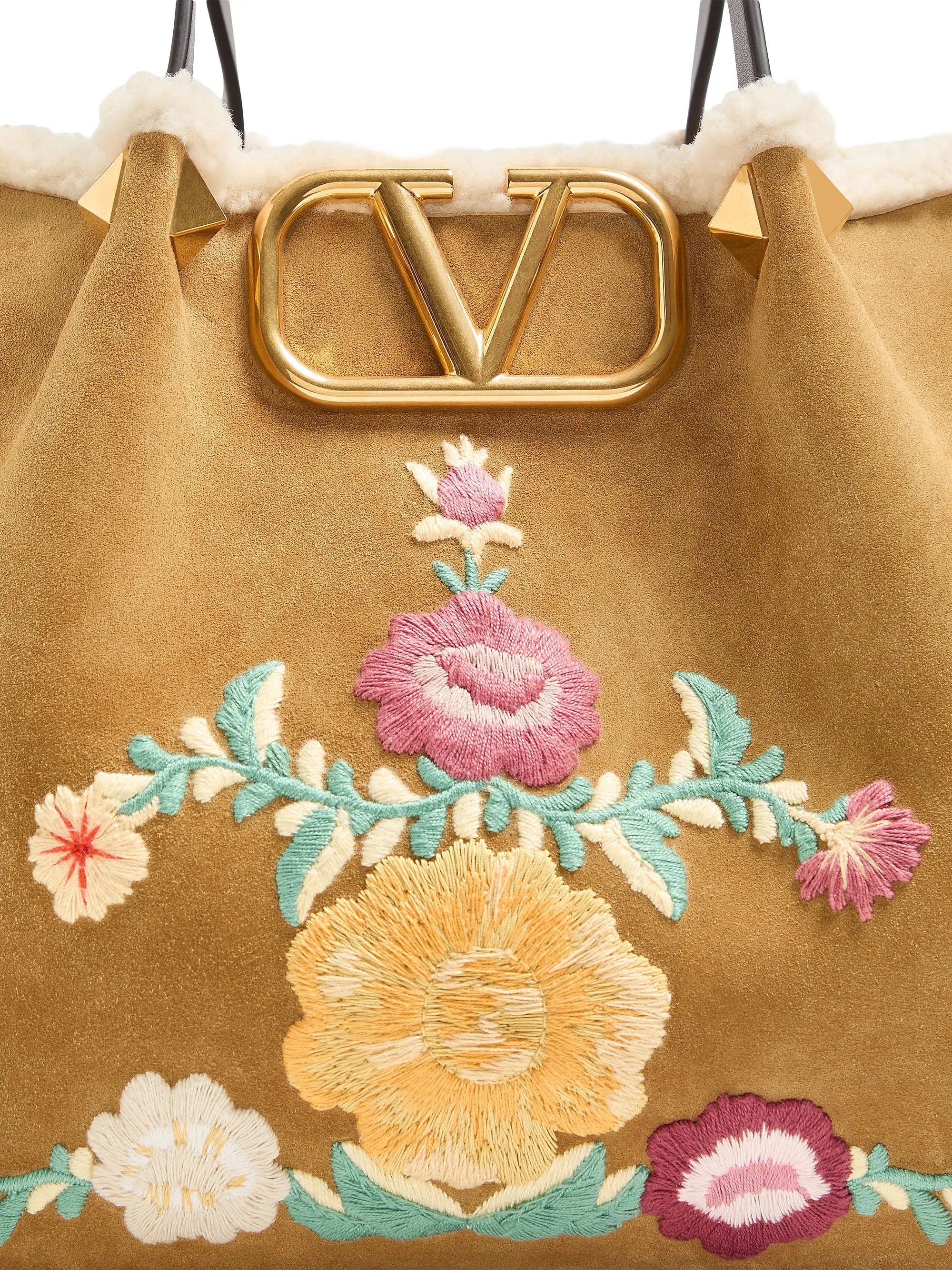 Valentino Garavani Medium Shopping Bag in Embroidered Suede with Sheepskin Lining