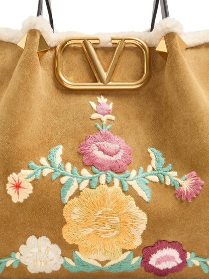 Valentino Garavani Medium Shopping Bag in Embroidered Suede with Sheepskin Lining