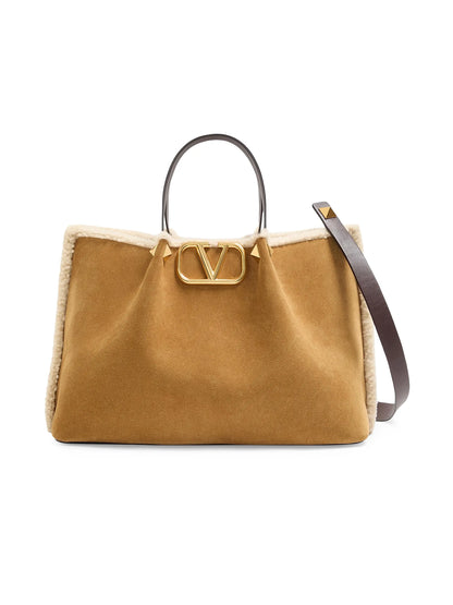 Valentino Garavani Medium Suede Shopping Bag with Sheepskin Lining