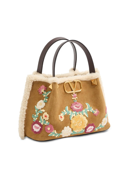 Valentino Garavani Small Top Handle Bag in Embroidered Suede with Sheepskin Lining