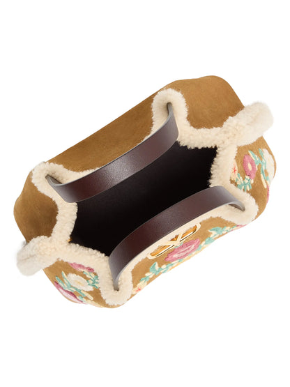 Valentino Garavani Small Top Handle Bag in Embroidered Suede with Sheepskin Lining