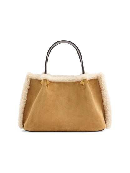 Valentino Garavani Small Top Handle Bag in Embroidered Suede with Sheepskin Lining