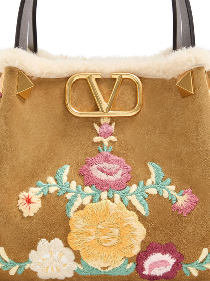 Valentino Garavani Small Top Handle Bag in Embroidered Suede with Sheepskin Lining