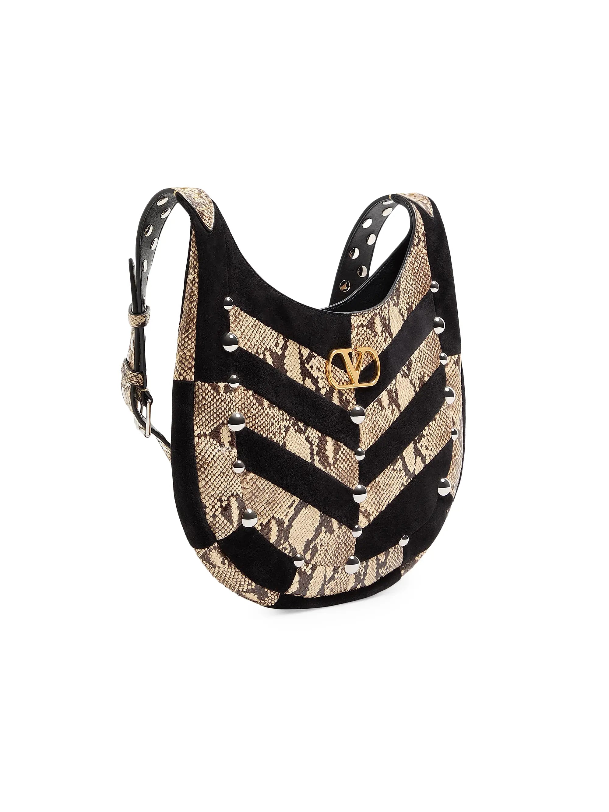 Valentino Garavani Hoboho Small Hobo Bag in Python and Chevron-Patterned Suede