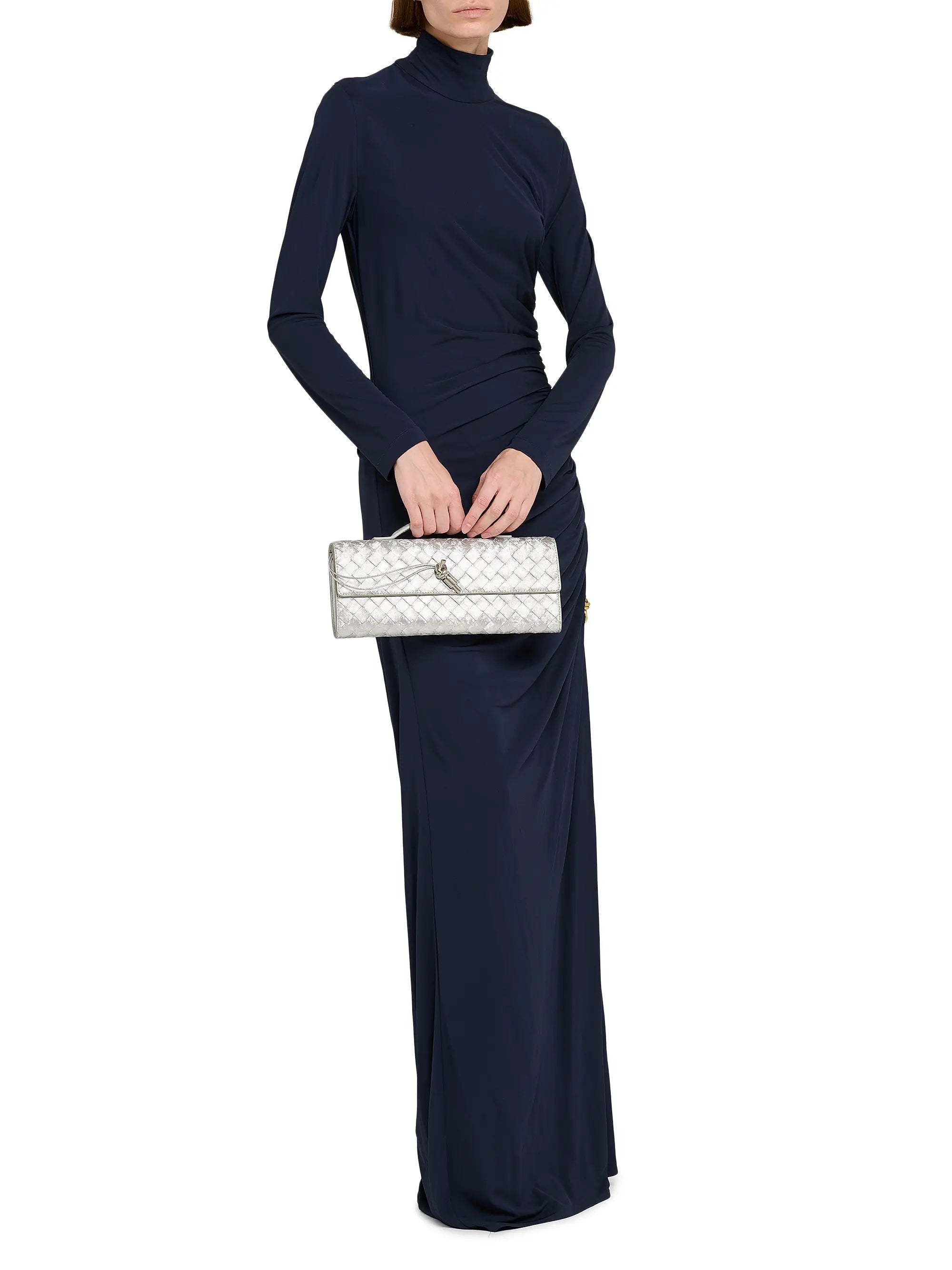 Bottega Veneta Andiamo Intrecciato Metallic Satin Leather Top-Handle Clutch