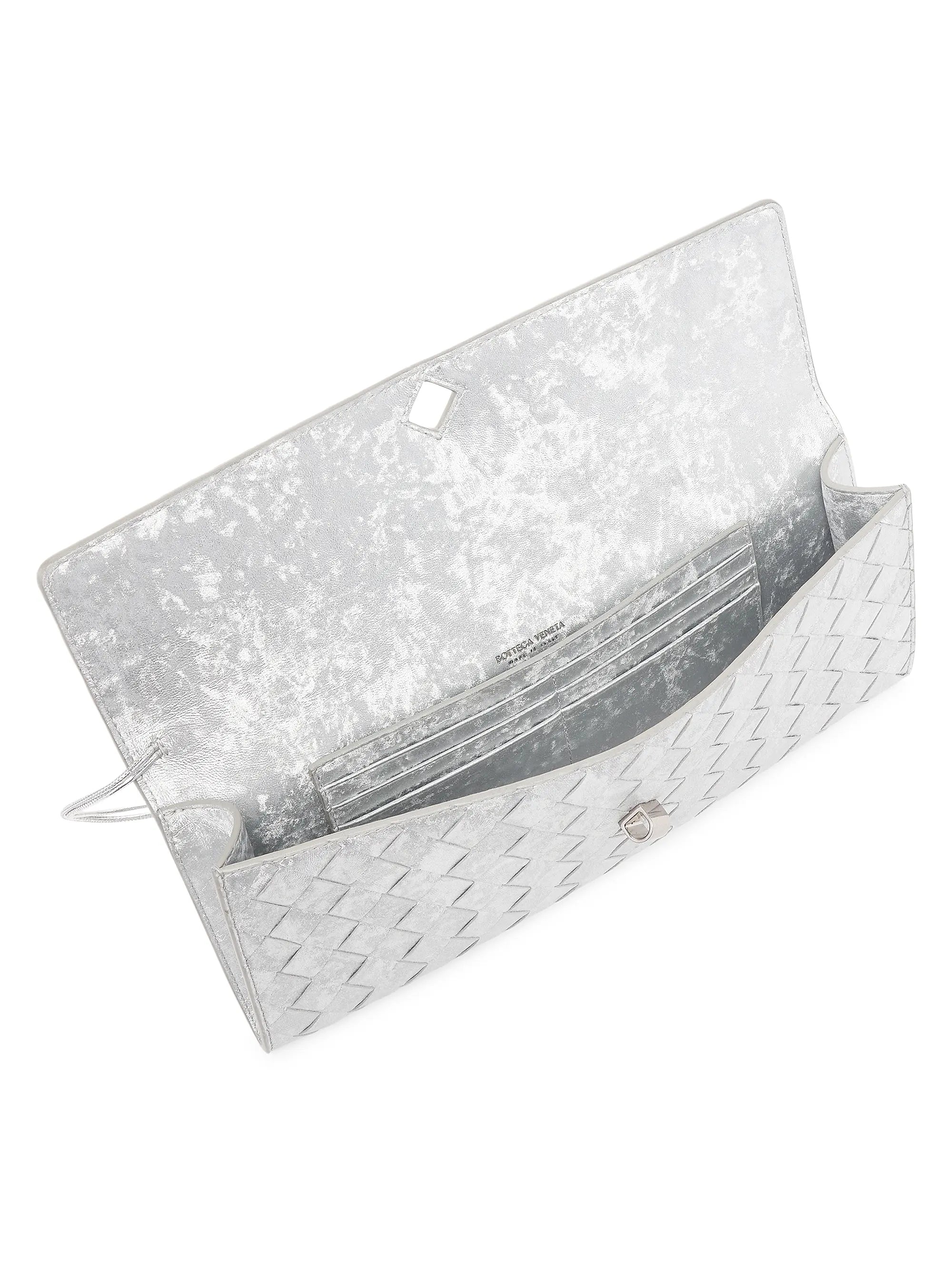 Bottega Veneta Andiamo Intrecciato Metallic Satin Leather Top-Handle Clutch