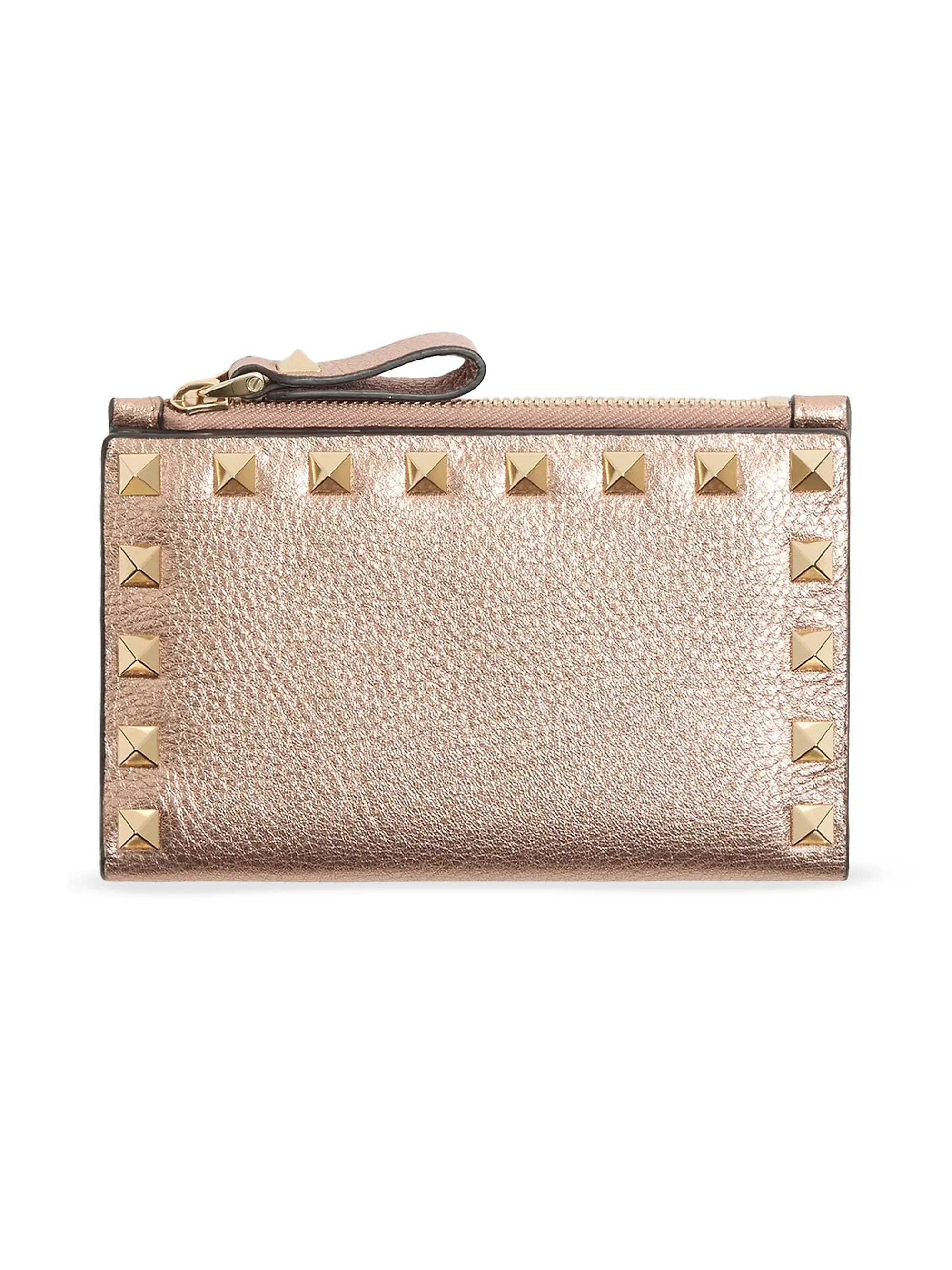 Valentino Garavani Rockstud Laminated Grainy Calfskin Card Holder