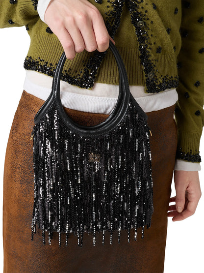 Miu Miu Ivy Satin Top Handle Handbag with Crystal and Sequin Fringe