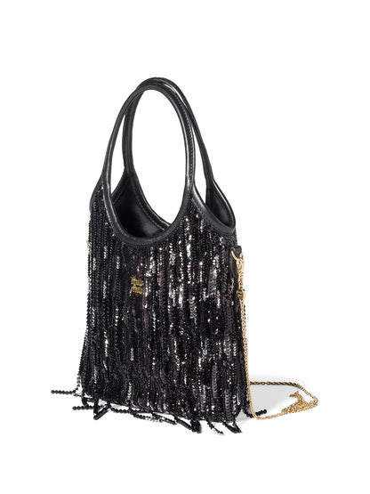 Miu Miu Ivy Satin Top Handle Handbag with Crystal and Sequin Fringe