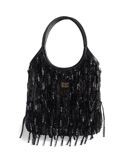 Miu Miu Ivy Satin Top Handle Handbag with Crystal and Sequin Fringe