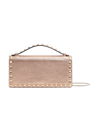Valentino Garavani Rockstud Laminated Grainy Calfskin Wallet with Chain