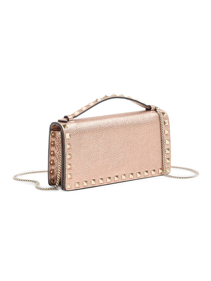 Valentino Garavani Rockstud Laminated Grainy Calfskin Wallet with Chain