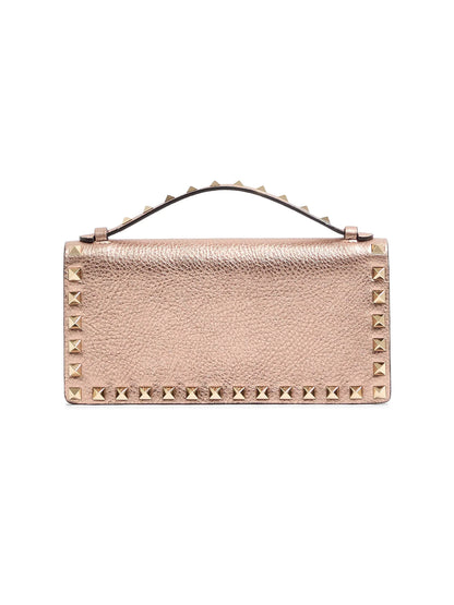 Valentino Garavani Rockstud Laminated Grainy Calfskin Wallet with Chain