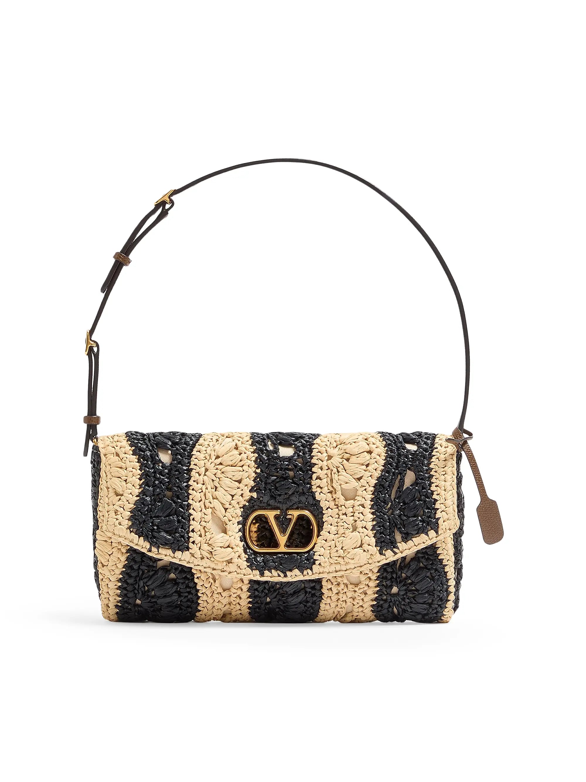 Valentino Garavani DeVain Small Shoulder Bag in Raffia with Wave Pattern