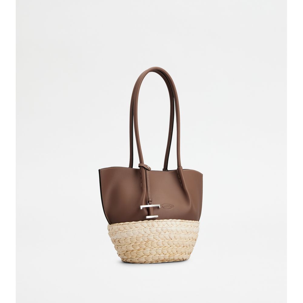 Tods Shopping Bag In Straw And Leather Small Brown