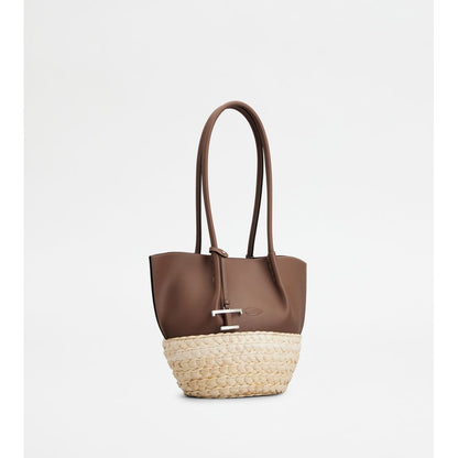 Tods Shopping Bag In Straw And Leather Small Brown