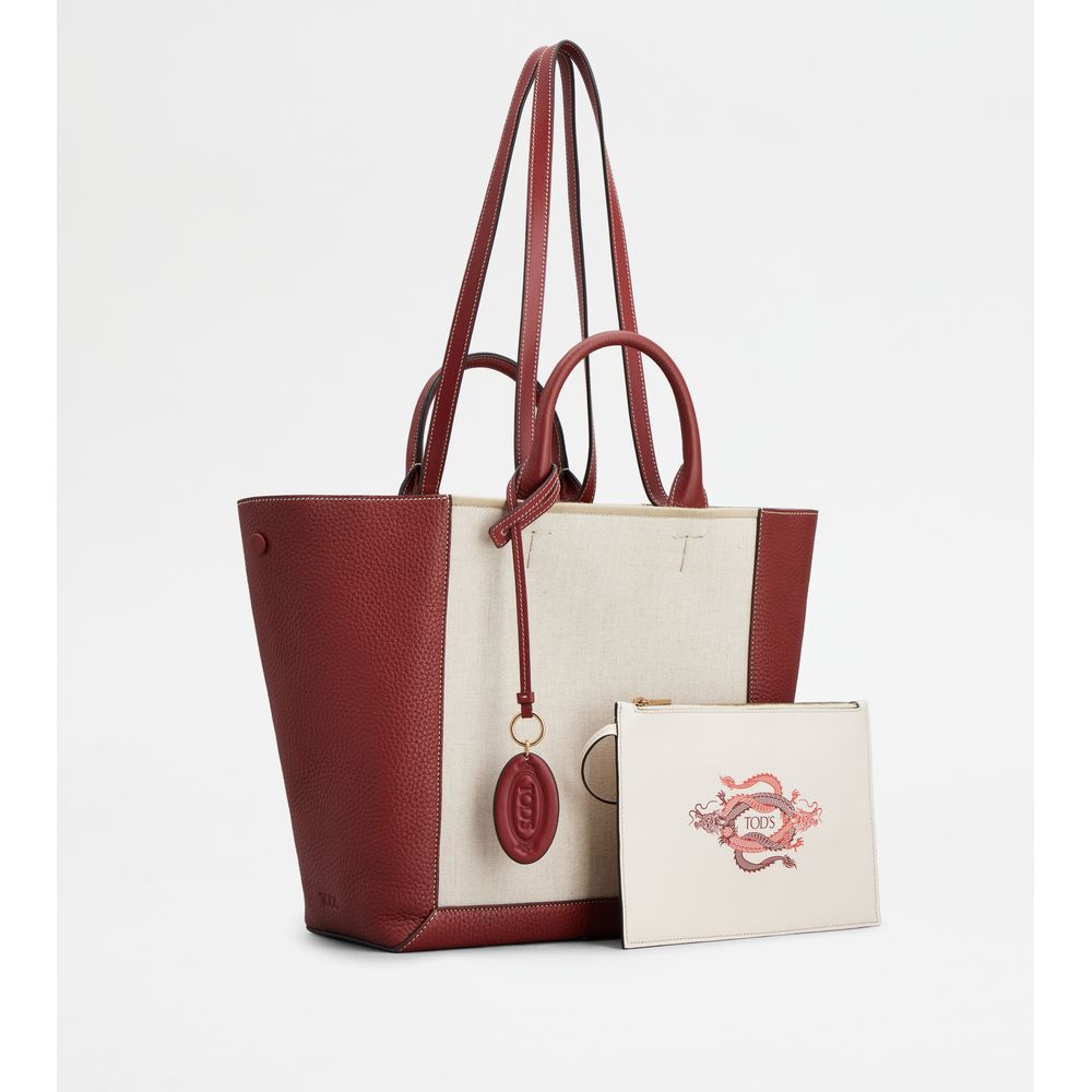 Tods Double Up Shopping Bag In Leather And Canvas Cny Medium Beige Red