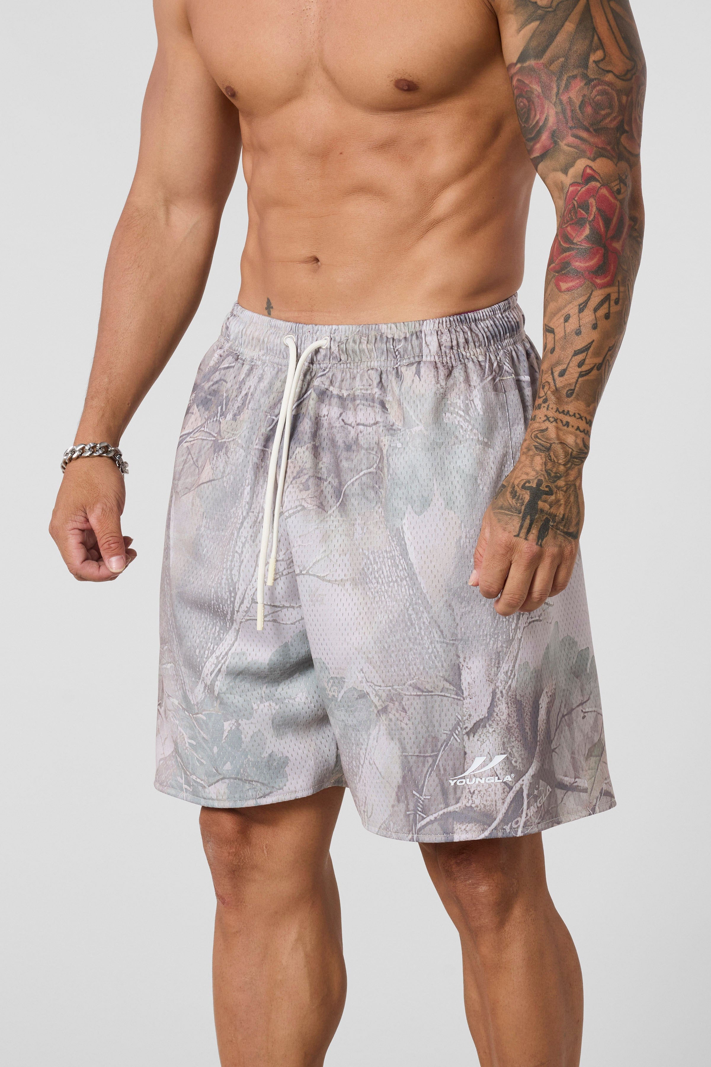 YoungLA 1035 - Baggy Basketball Shorts Desert Tan Tree Camo