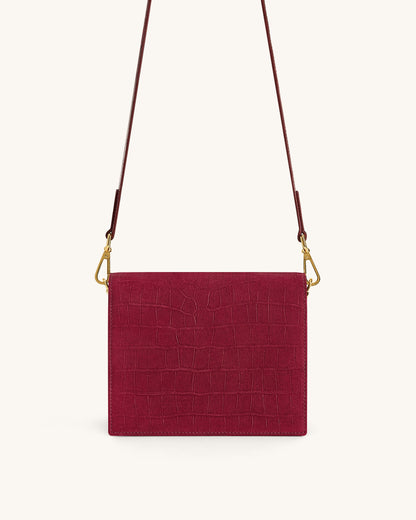 Jw Pei Mini Flap Faux Suede Croc Embossed Crossbody Burgundy