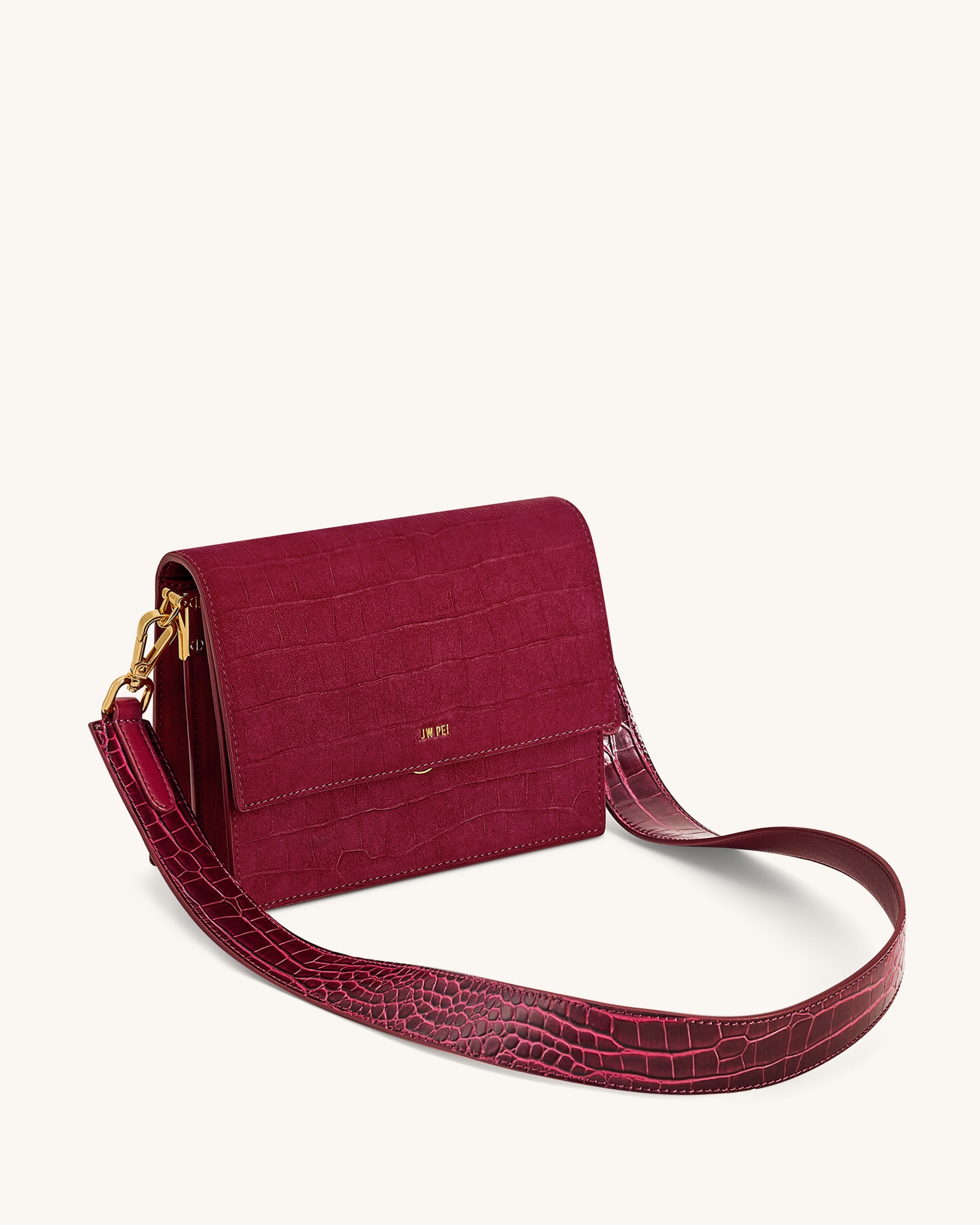 Jw Pei Mini Flap Faux Suede Croc Embossed Crossbody Burgundy