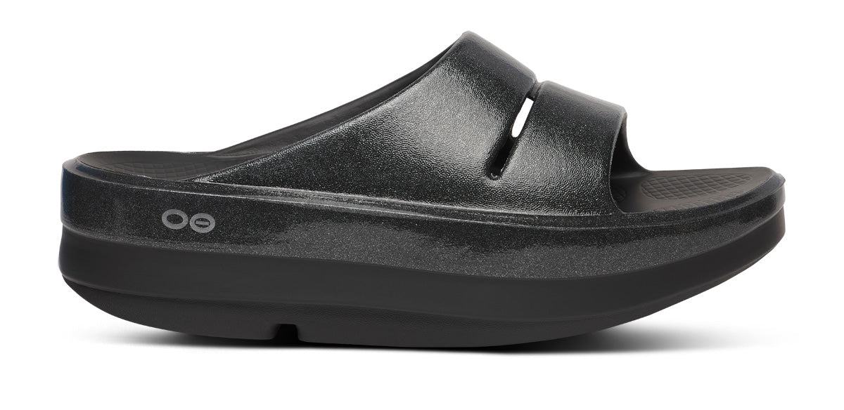 Oofos Women's Stacked Platform Slide Black Sparkle