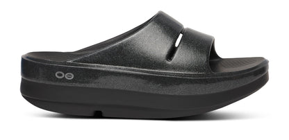 Oofos Women's Stacked Platform Slide Black Sparkle