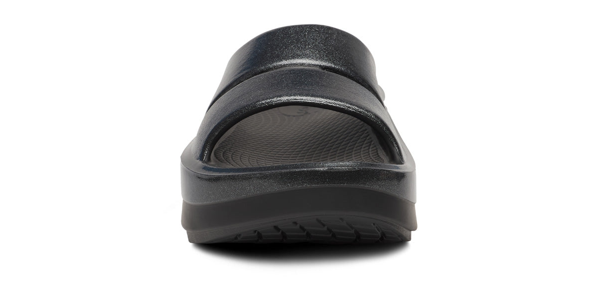 Oofos Women's Stacked Platform Slide Black Sparkle