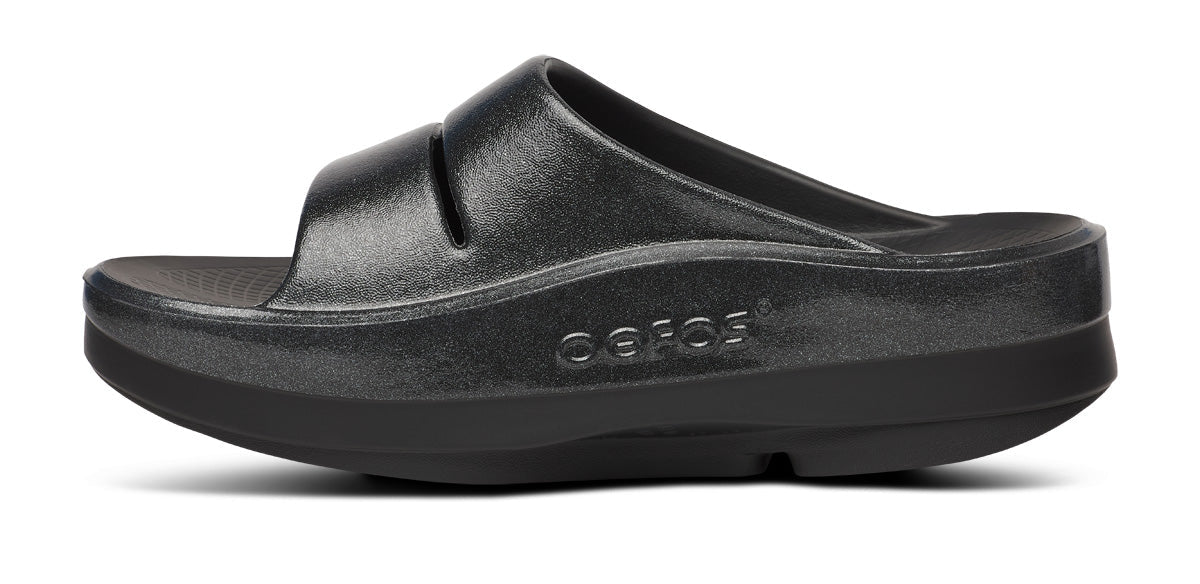 Oofos Women's Stacked Platform Slide Black Sparkle