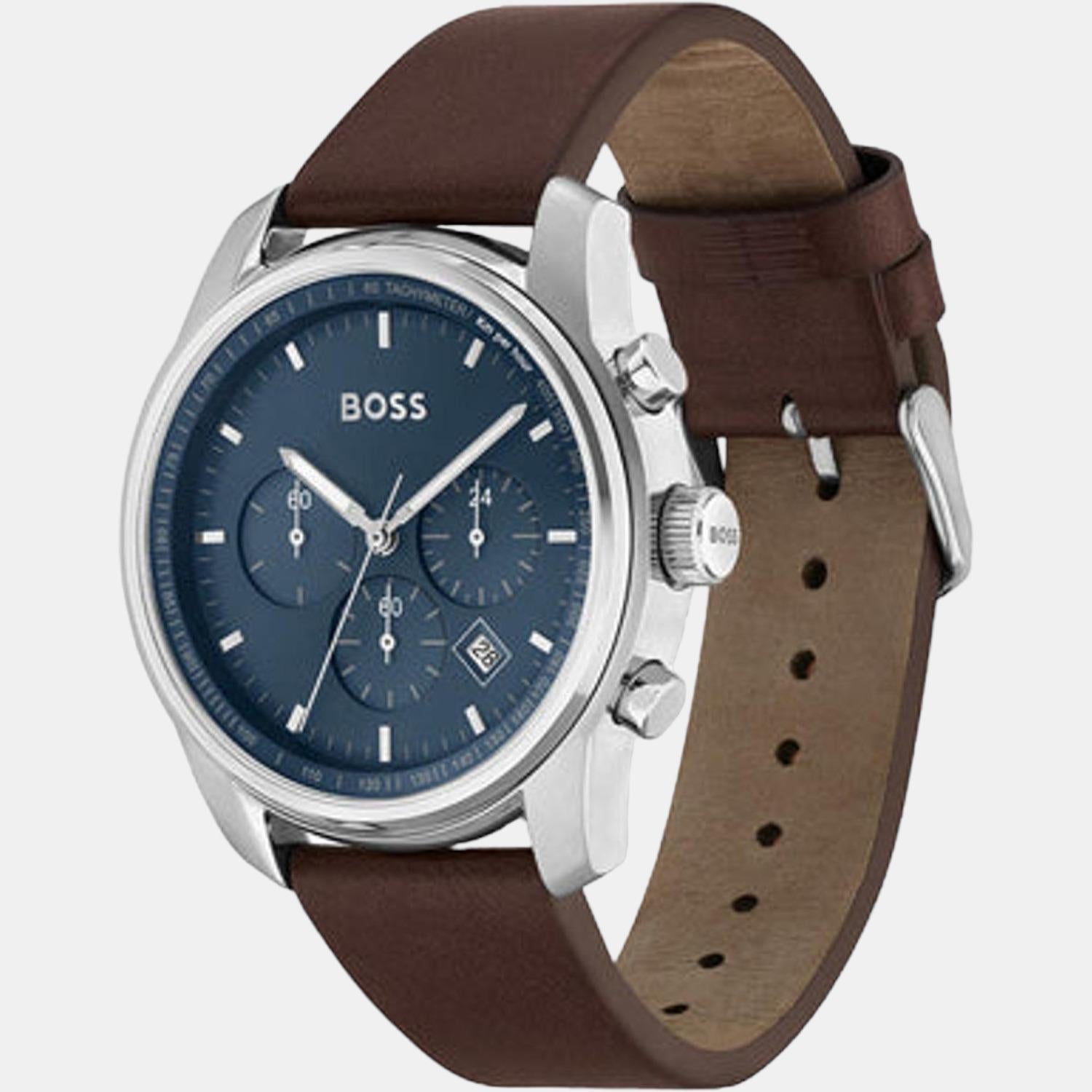 Boss Trace Men Quartz Blue Dial Chronograph Leather Watch 1514002