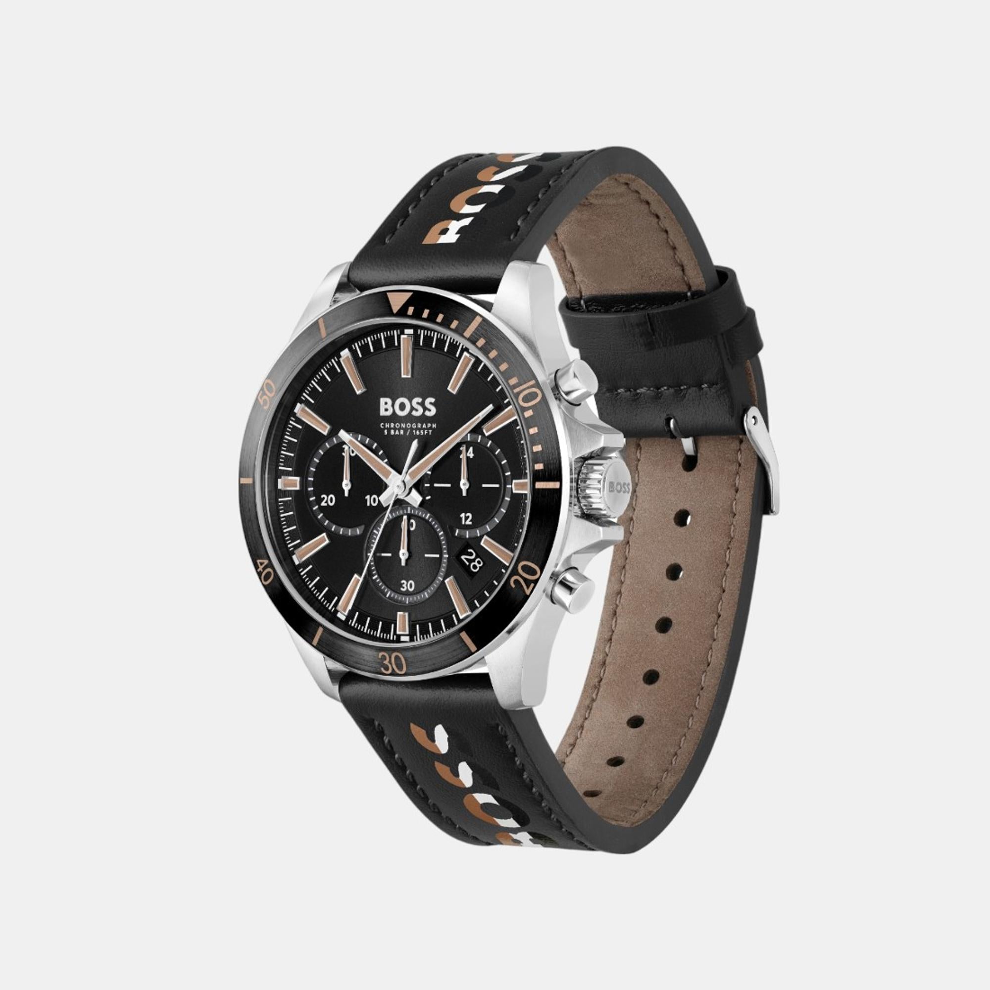 Boss Troper Men Quartz Black Dial Chronograph Leather Watch 1514121
